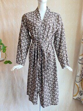 Batik Print Cotton Summer Robe Brown & White Beach Pool Robe Ethically Made NWOT